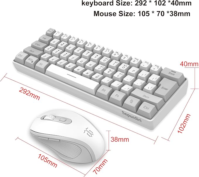 Snpurdiri 2.4G 60% Wireless Gaming Keyboard and Mouse Combo, Grey-White | Include Mini 60% Gaming RGB Backlit Keyboard, Ergonomic Vertical Feel Small Wireless Mouse - Image 5