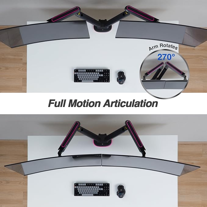 AVLT RGB Gaming Dual Monitor Arm Desk Mount for 27-43" Screens - Black | Built-in 20 Lighting Modes Touch Button Control Fits Flat/Curved/Ultrawide Screen Height Swivel Tilt Rotation Adjustable - Image 6