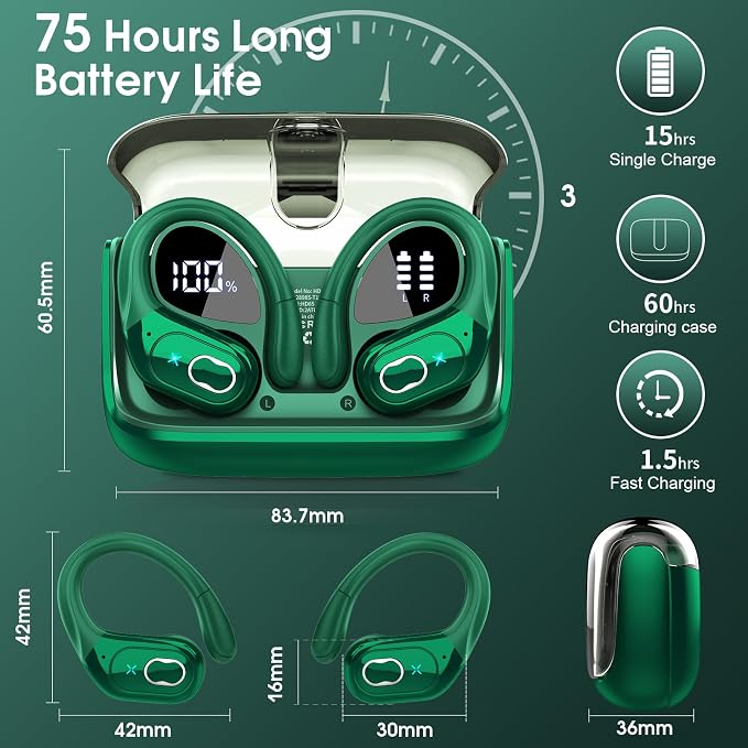 Aptkdoe Wireless Earbuds 75H Bluetooth 5.4 Sport Headphones with Earhooks | IPX7 Waterproof In-ear Buds Feature ENC Noise Cancelling Mic. Stereo Sound Device for Gym Running Workout, Dark Green - Image 2
