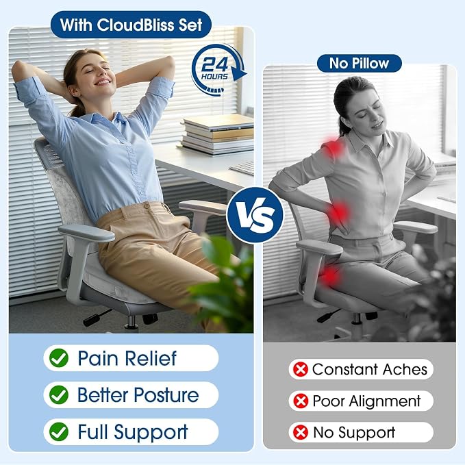 CloudBliss Ergonomic Seat Cushion & Lumbar Support Pillow Set, Light Grey | Back Pain & Sciatica Relief, Memory Foam Support, Adjustable Straps, Machine Washable Velvet, Perfect for Office, Car, Gaming - Image 8
