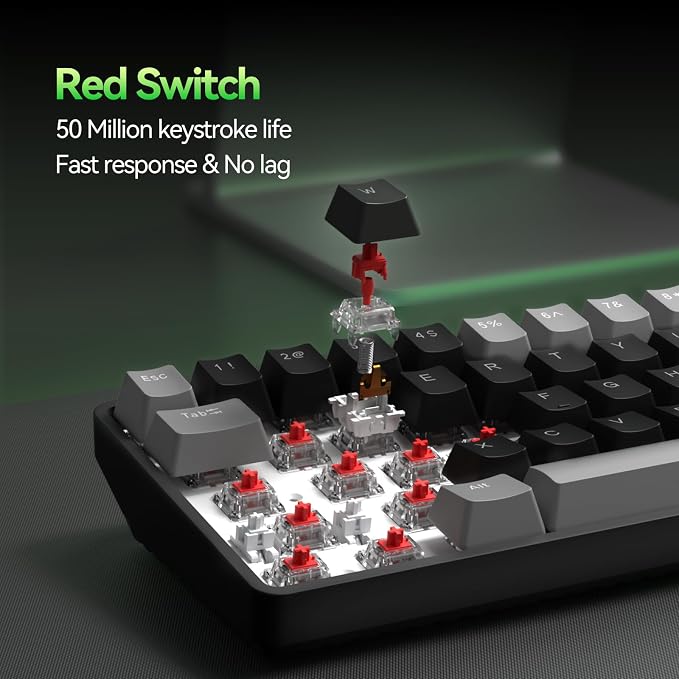 TMKB T68 60% Wireless Mechanical Gaming Keyboard, Tri-Mode BT5.0/2.4GHz/USB-C with Red Linear Switch, RGB Backlight, Anti-Ghosting, Compact 68 Keys, Wired/Wireless, Gray/Black - Image 3