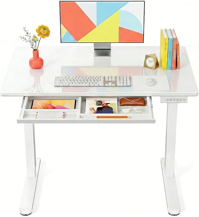 Marsail 40 x 24 inch Glass Standing Desk with 4-Zone Drawer Storage, White | 28.3–46.5 Inch Height Range, One-piece Tempered Glass top, 4 Preset Heights, Sit Stand Design, Ergonomic Home Office Desk by Marsail