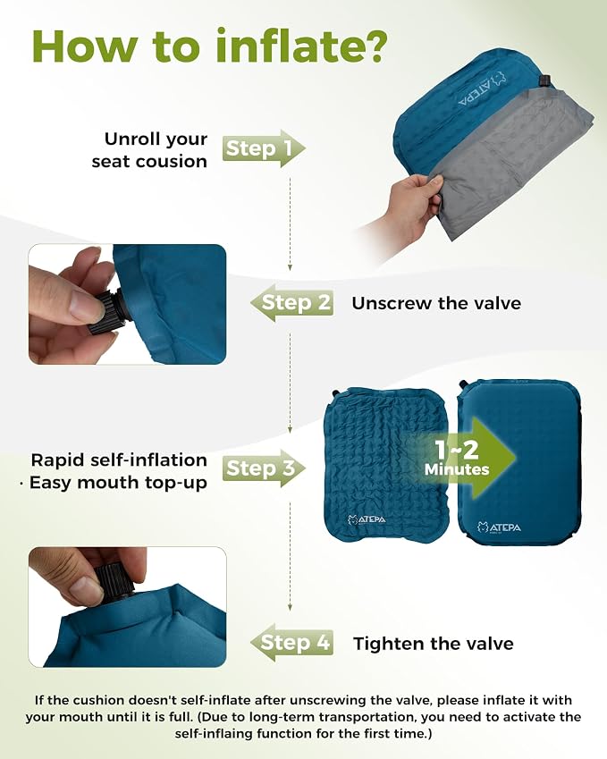 ATEPA Inflatable Seat Cushion | 2" & 2.5" Foam Core Seat Pad, Self Inflating, Compact, Stadium, Airplane, Travel, Camping, Hiking, Sports events - Image 6
