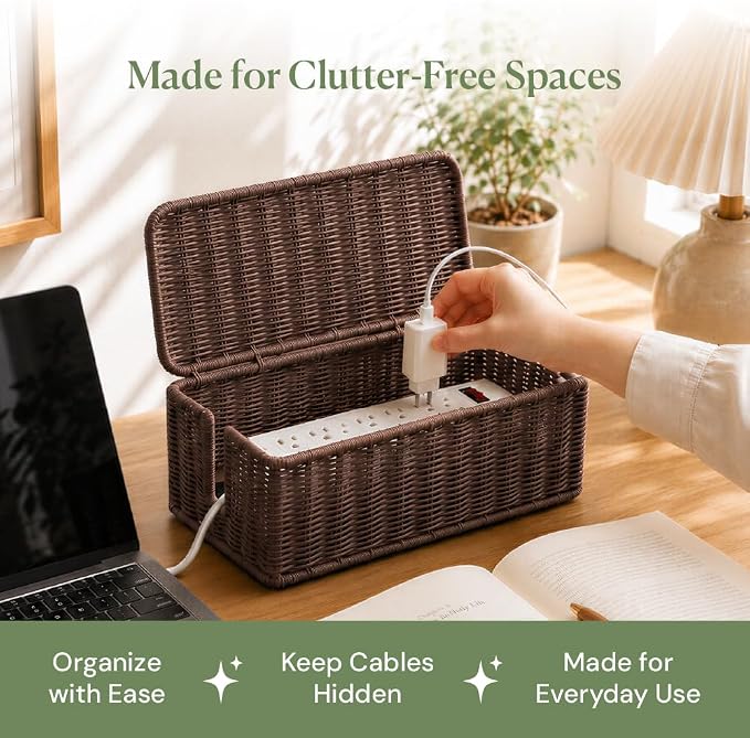 Cable Management Box, Handmade Rattan Cord Organizer for Power Strip | Open Slots Cord Hider for Power Strip, Router & USB Hub, Registered U.S. Design Patent - Image 9