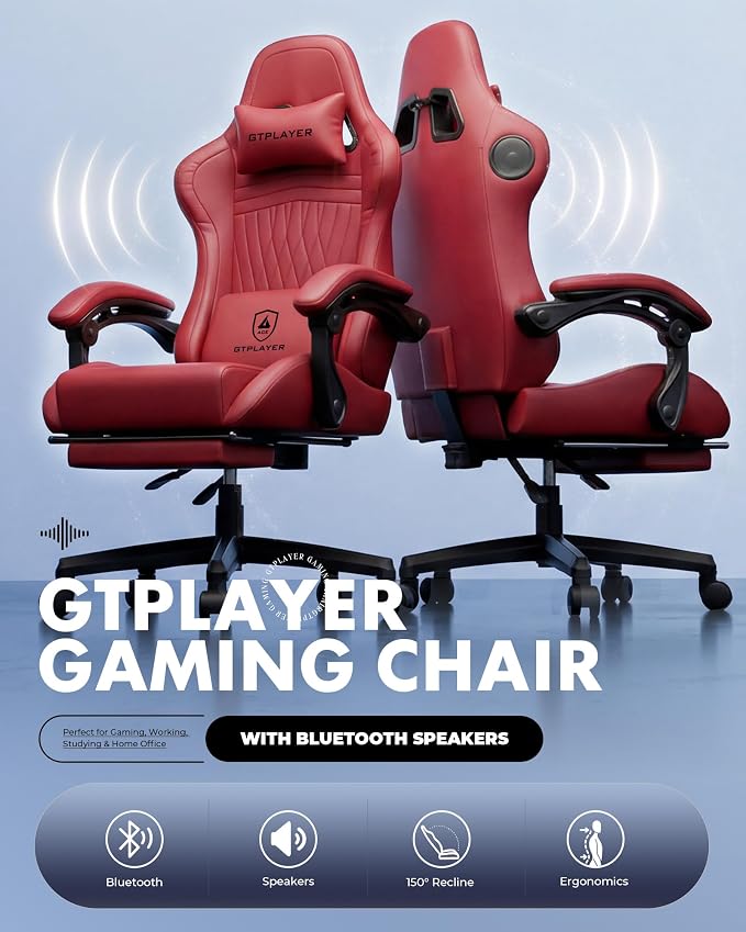 GTPLAYER Gaming Chair with Speakers, Video Game Chairs with Footrest, PC Gamer Chairs for Adults - Padded High Back Ergonomic Reclining Silla Gamer, Linkage Armrest, Ace Pro, Wine Red New - Image 4