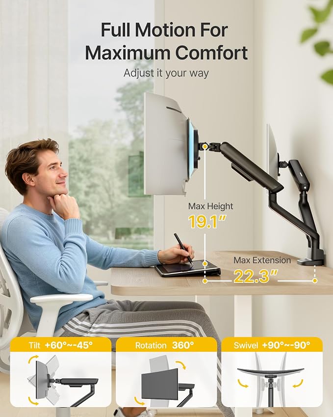 monTEK Mechanical Spring Dual Monitor Arm for 27 32 34 inch Screens Black | Built-in One-Way Bearing, Holds 26.4 lbs, VESA 75/100mm, C-Clamp/Grommet Base & Cable Management, Office, Home, Game - Image 6
