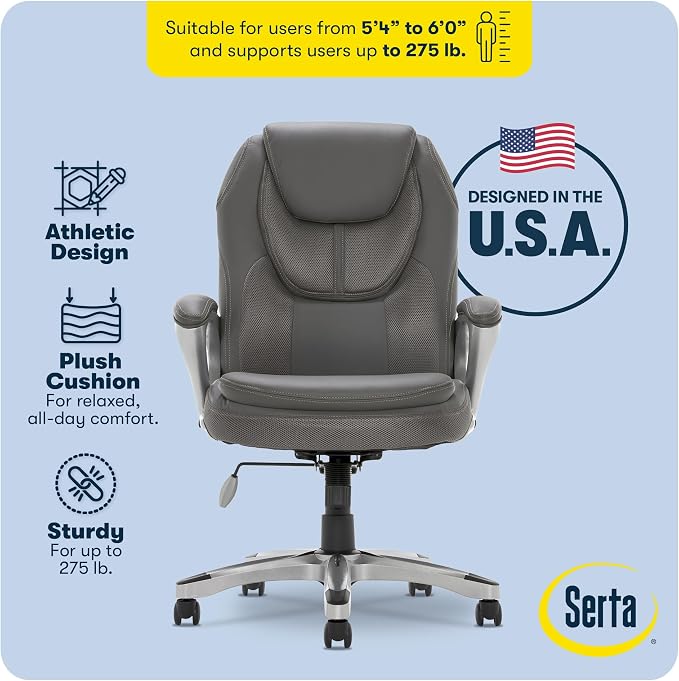 Serta Ergonomic Executive Office Chair, Padded Arms Mesh Back Leather Chair | Amplify, Contoured Lumbar Lower Back Support, Back Pain Relief, Adjustable Height & Tilt, Work From Home Desk Chair, Duo Gray - Image 4