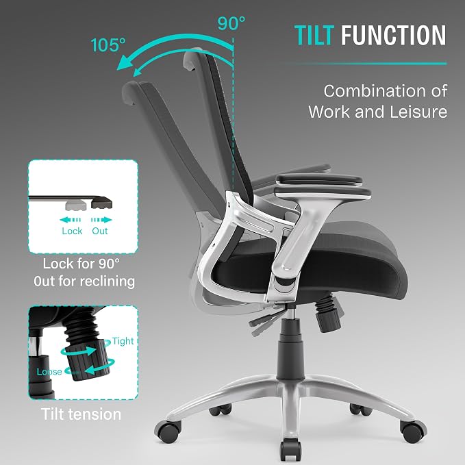 SUNNOW Office Chair, Ergonomic Computer Desk Chair, Sturdy Executive Task Chair - Adjustable Lumbar Support, Flip-up Arms, Tilt Function, Comfy Wide Seat, Swivel Mesh Home Office Desk Chairs (Black) - Image 7
