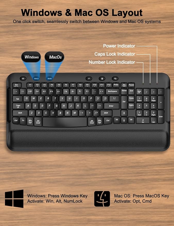 Wireless Keyboard and Mouse Combo, EDJO 2.4G Full-Sized Ergonomic Computer Keyboard with Wrist Rest and 3 Level DPI Adjustable Wireless Mouse for Windows, Mac OS Desktop/Laptop/PC, Carbon Black - Image 4