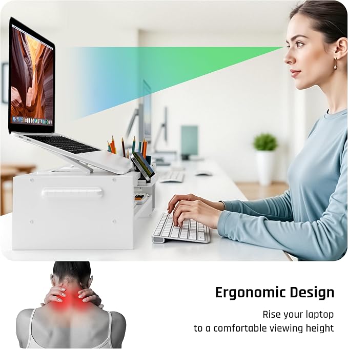 AFOOYO Adjustable Wood Laptop Stand, Ergonomic Height & Angle Computer Riser with Pen Holder – Compatible with MacBook Air/Pro, Dell, HP, Lenovo & 10-17.3" Notebooks – White - Image 5