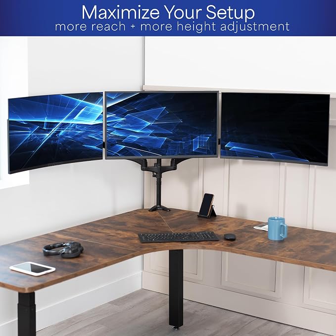 VIVO Triple Pneumatic Monitor Mount for 3 Screens up to 32 inches, Fully Adjustable, Heavy Duty Desk Stand with C-Clamp Grommet, Black, STAND-V300G - Image 6