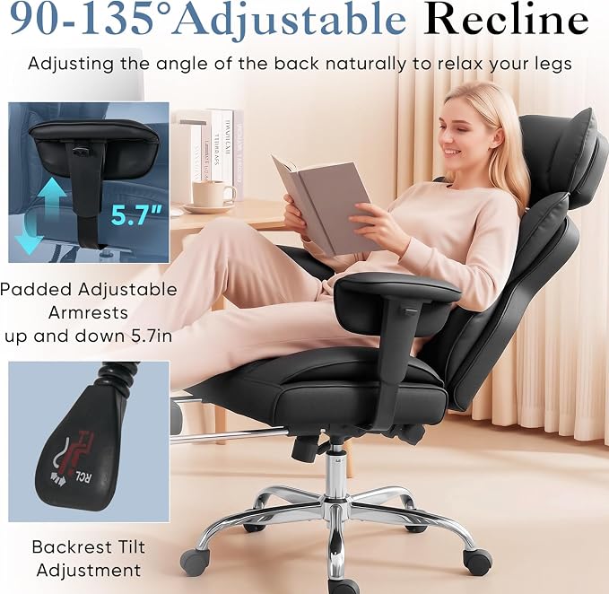 DUMOS Big and Tall Home Office Desk Chair, Executive Chair with Footrest | PU Leather, Ergonomic Comfy Lumbar Support, High Back Reclining, Adjustable Armrests, Black - Image 4