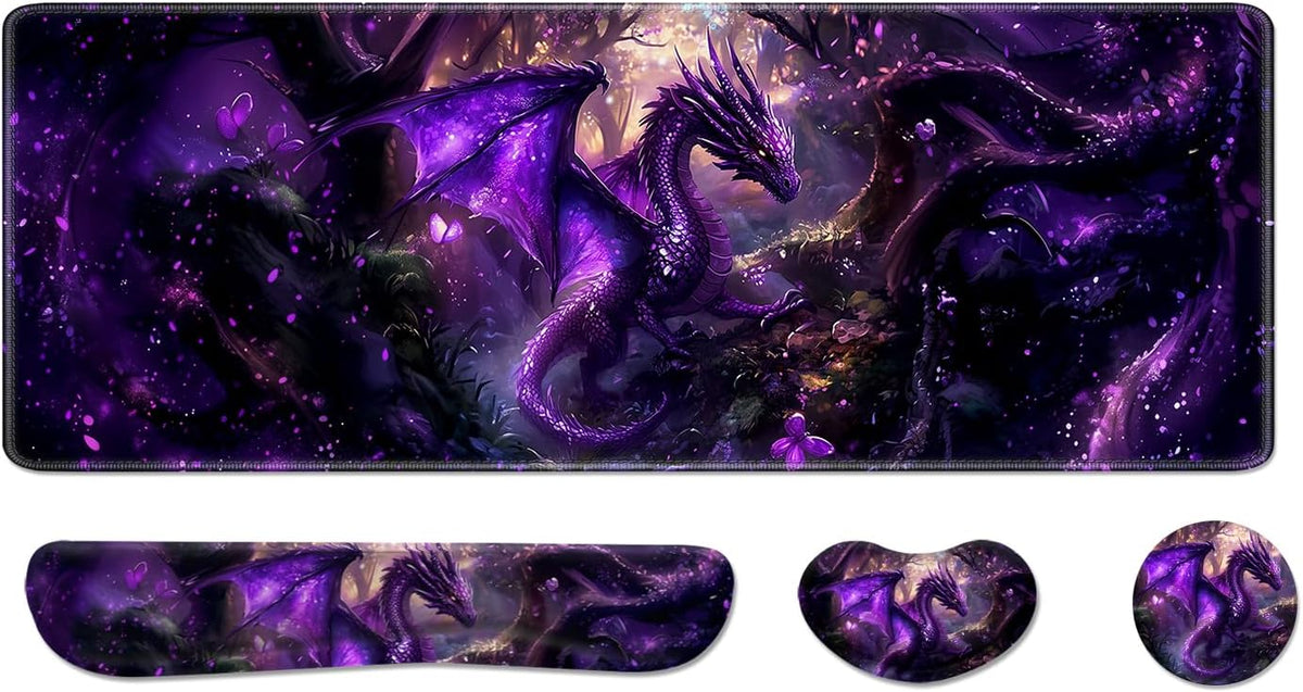 Desk Pad and Keyboard Wrist Rest, Large Mouse Pad + Keyboard Pad+Mouse Wrist Support, Non-Slip Desk Mat Protector for Office, Home 31.5×11.8 Inches Anime Dragon by AFUZLE