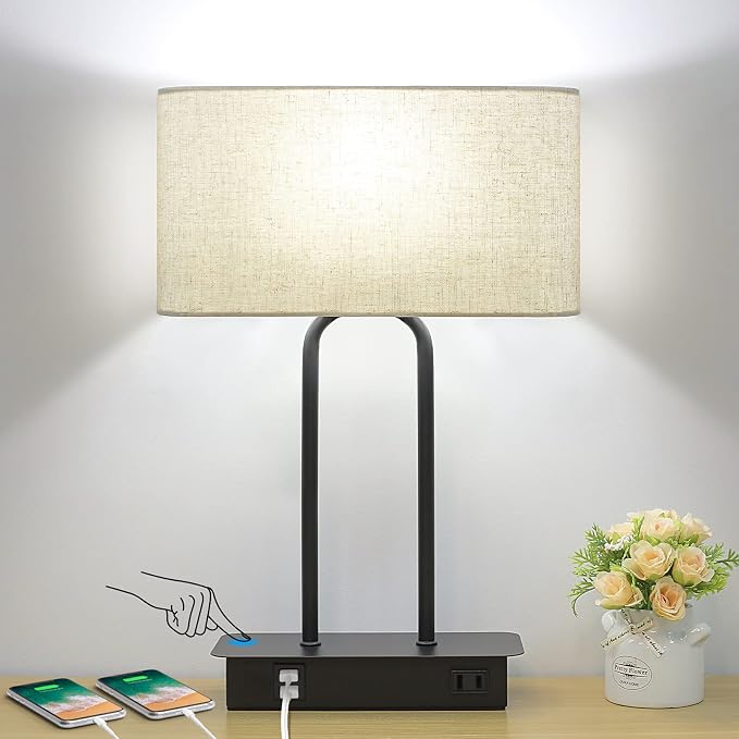 Bedside Touch Control 3 Way Dimmable Table Lamp with Cream Fabric Shade | Dual USB Charging Ports 1 AC Outlet, Modern Nightstand Lamp, Desk Lamp for Bedroom Living Room Office with 5000K LED Bulb by Lakumu