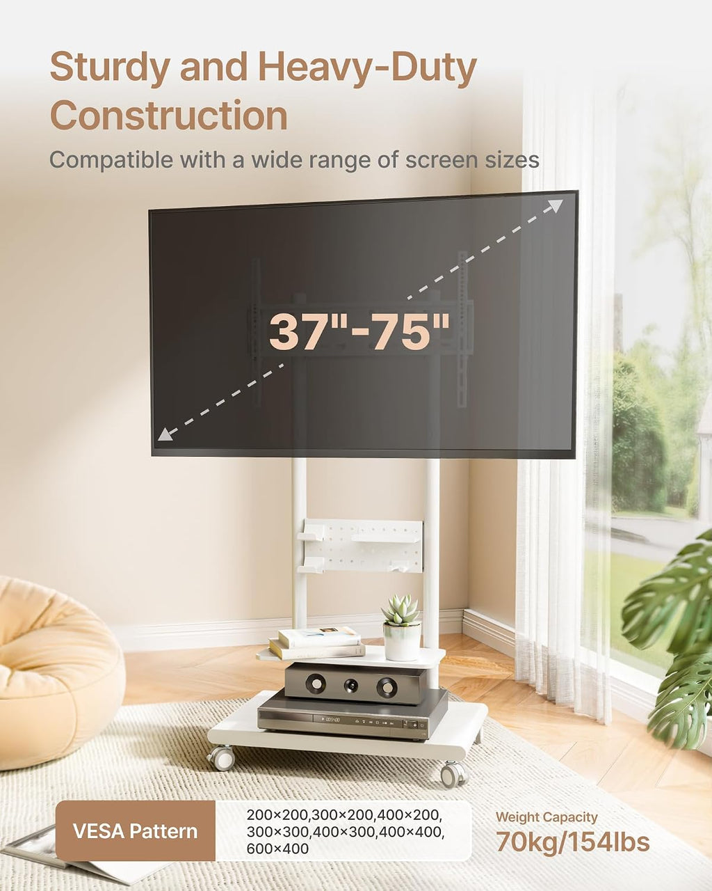 Heavy-Duty Rolling TV Stand for 37–75″TVs up to 154lbs,White - Image 8
