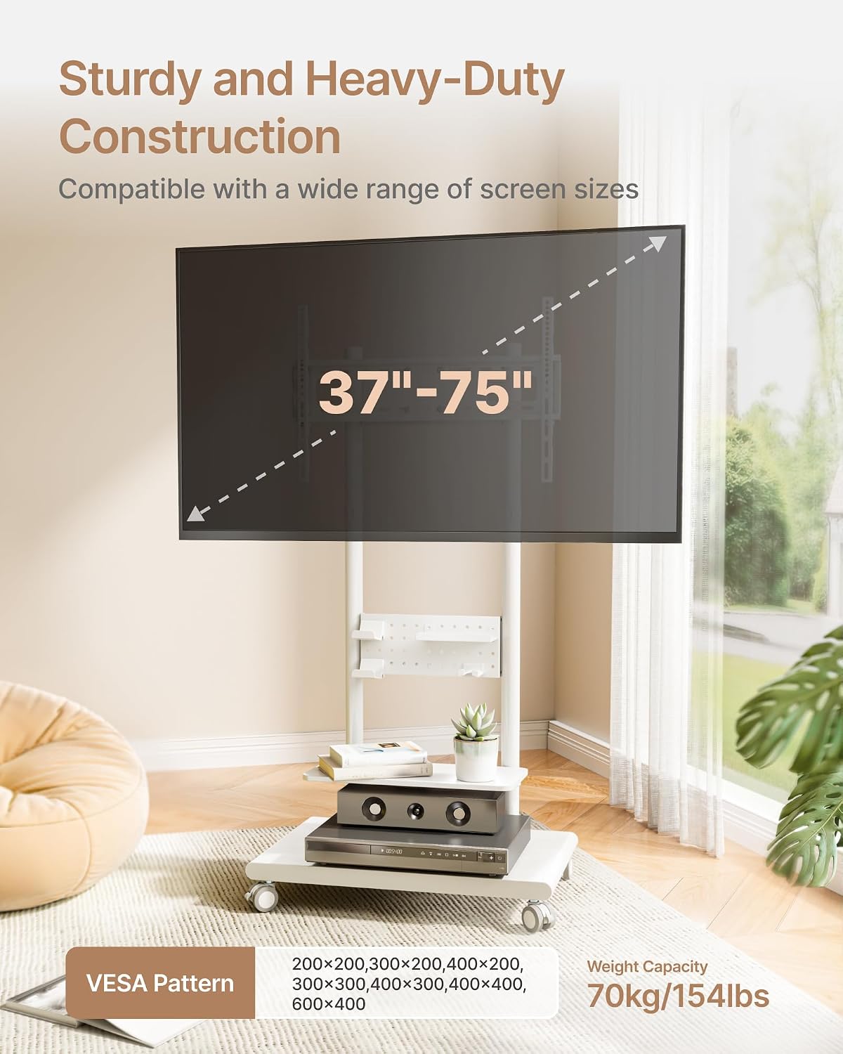 Heavy-Duty Rolling TV Stand for 37–75″TVs up to 154lbs,White - Image 8