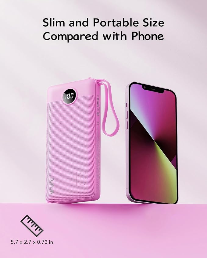 VRURC Portable Charger Power Bank, Built-in 4 Cables & 2 Ports 10000mAh | LED Display Slim Battery Pack,Compact Travel Essential Portable Phone Charger 5 Output for Multi Devices,Student/Teens(1Pack) - Image 5