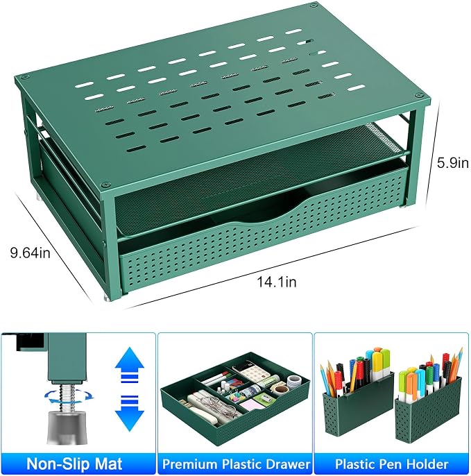 gianotter Desk Organizers and Accessories, Monitor Stand with Drawer and 2 Pen Holder, Desktop Organizer Suitable for Offices and Dormitories (Green) - Image 4