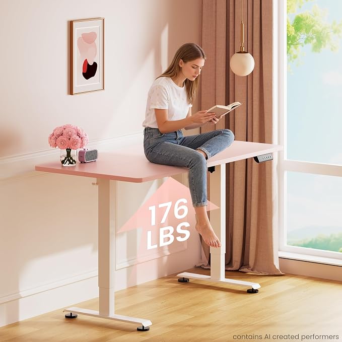 Veken 55 Inch Large Electric Standing Desk, Gaming Table, Pink | Height Adjustable Sit Stand Up Computer Tables for Home Office, Study , Writing, Suit students, employees and group work - Image 5