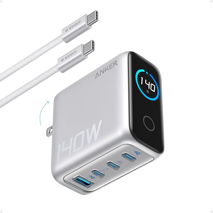 Anker 140W Max 4-Port GaN Charging Blocks,Smart Display for MacBook Charger | Fast Charger USB C Power Adapter with Touch Controls for Macbook Pro,iPad,iPhone 17/16 Series(Include 5FT Cable,Non-Battery) by Unknown