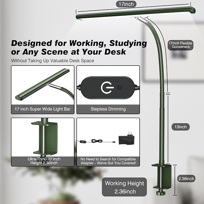 Airlonv LED Desk Lamp with Clamp, 17" Stepless Dimming Light, Green | 2700K-6500K, 100 LEDs, 360° Gooseneck, Fits Up to 30" Monitors, Flicker-Free Lighting for Home Office, Study& Workbench - Image 3