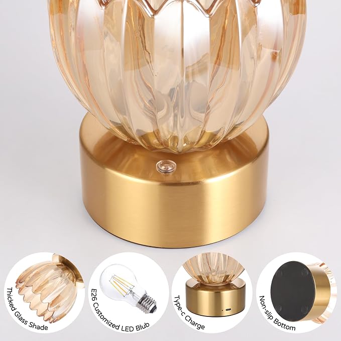 Shenmoyl Cordless Small Table Lamp with 5200mAh Battery & Touch Control, Battery Operated Tulip Table Lamp with 3 Colors, Rechargeable Mini Table Lamps for Bedsides, Bedroom, Nightstand (Amber) - Image 8