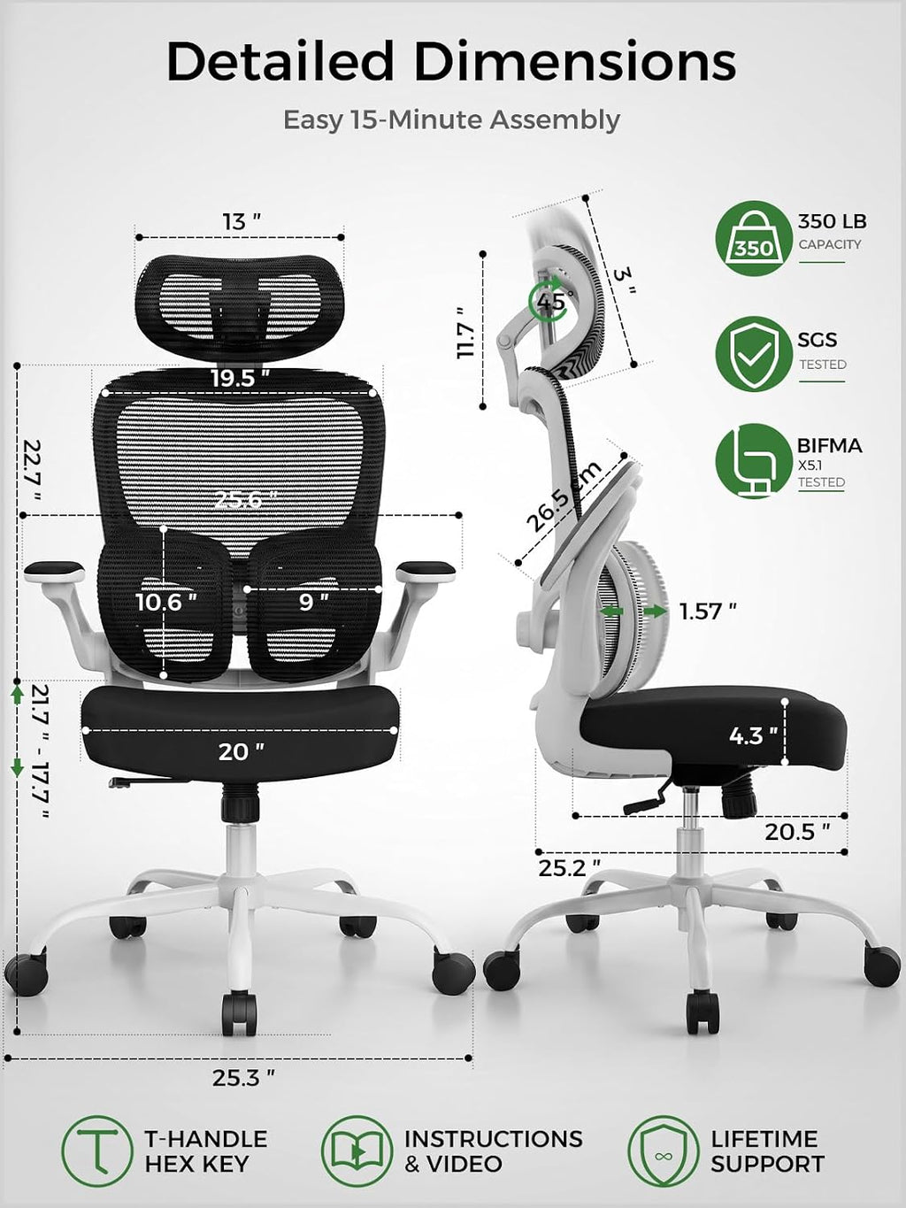 Ergonomic Office Desk Chair, Adjustable Dual Lumbar Support & Thick Seat - Image 8