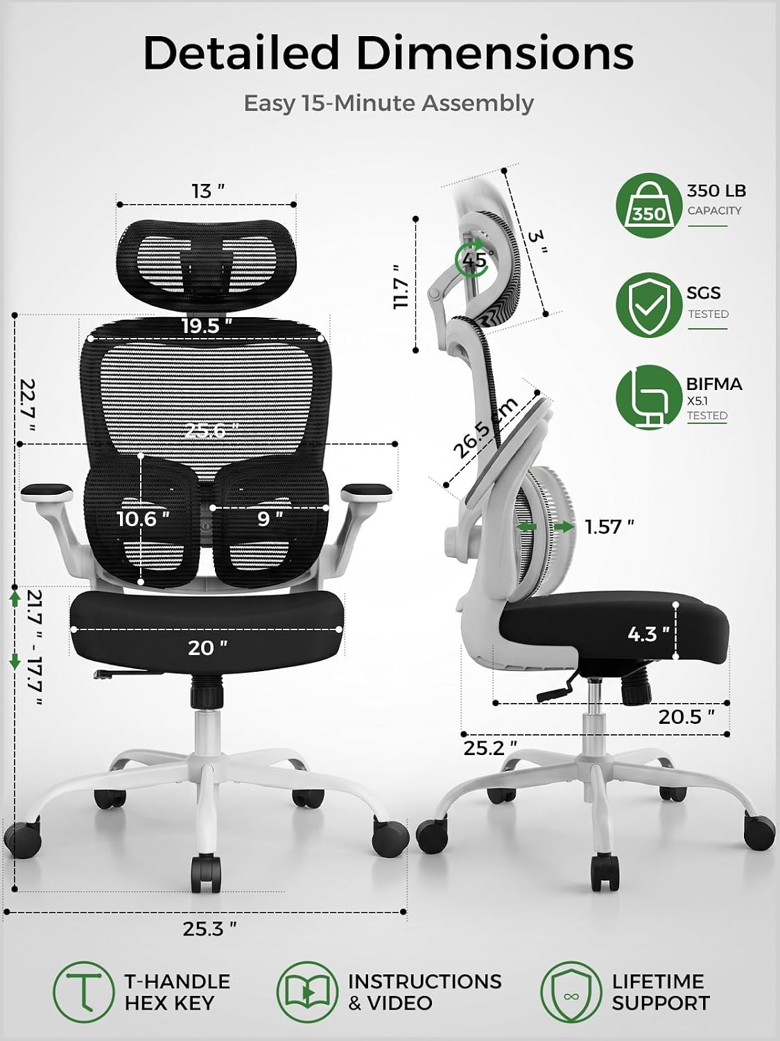 Ergonomic Office Desk Chair, Adjustable Dual Lumbar Support & Thick Seat - Image 8