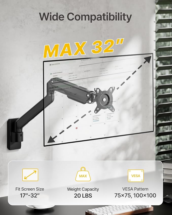 monTEK Single Monitor Wall Mount, Wobble-Free Spring, 17–32" Full Motion | Zero Clearance Wall Mount Retracts To 3.8" From Wall, Wobble-Free Mechanical Spring, Fits Wood, Brick & Concrete Walls - Image 3