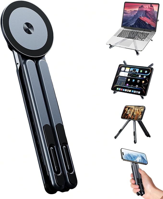 4-in-1 Foldable Laptop Stand, Portable Magnetic Phone Holder | N55 Magnets MagSafe Compatible, Pocket-Sized Tripod Handle for MacBook, iPad, Travel & Vlog, Adjustable Ergonomic View Mount by Jkoailiwi