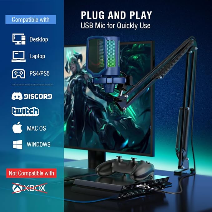 FIFINE A6TB USB Streaming Microphone Kit, RGB Condenser Mic with Boom Arm | Mute Button, RGB Indicator, Gain Control, Cardioid pickup, Pop Filter, for PC PS5/Mac Gaming Discord Twitch Podcasts - Image 5