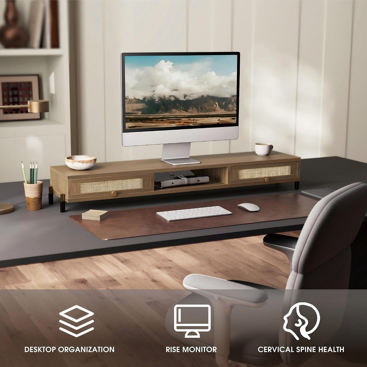 Fenge Dual Monitor Stand, Wooden Riser with Rattan Woven Flip Drawers - Image 7