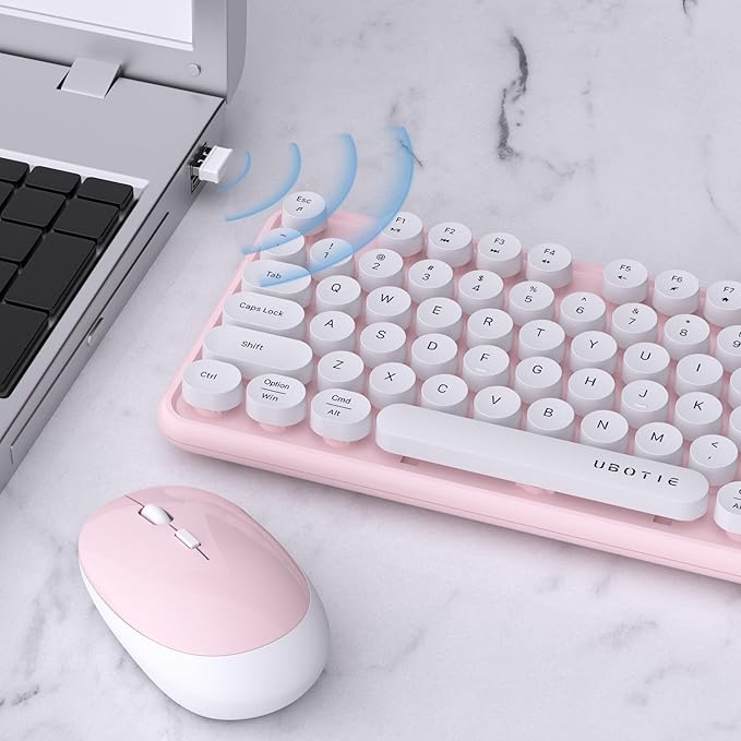 UBOTIE Colorful Wireless Keyboard and Mouse Combo (Pink-White) | Retro Typewriter Floating Full-Sized Keys Computer Keyboard with Optical Mouse, 2.4GHz USB Connection for Windows Mac - Image 3