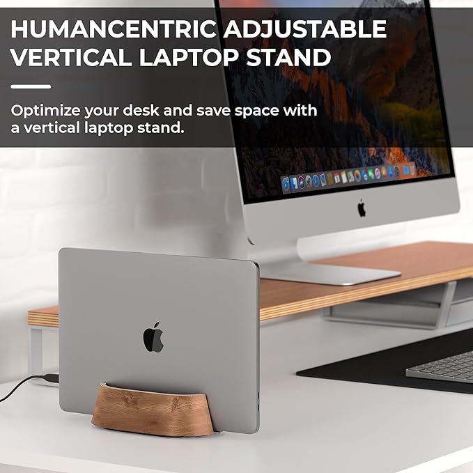 HumanCentric Vertical Laptop Stand in Black Walnut Wood, Adjustable | Upright Adjustable Holder & Dock, Fits MacBook Pro & Laptops .5" to 1.5", Clamshell Compatible, Laptop Vertical Stand - Image 2