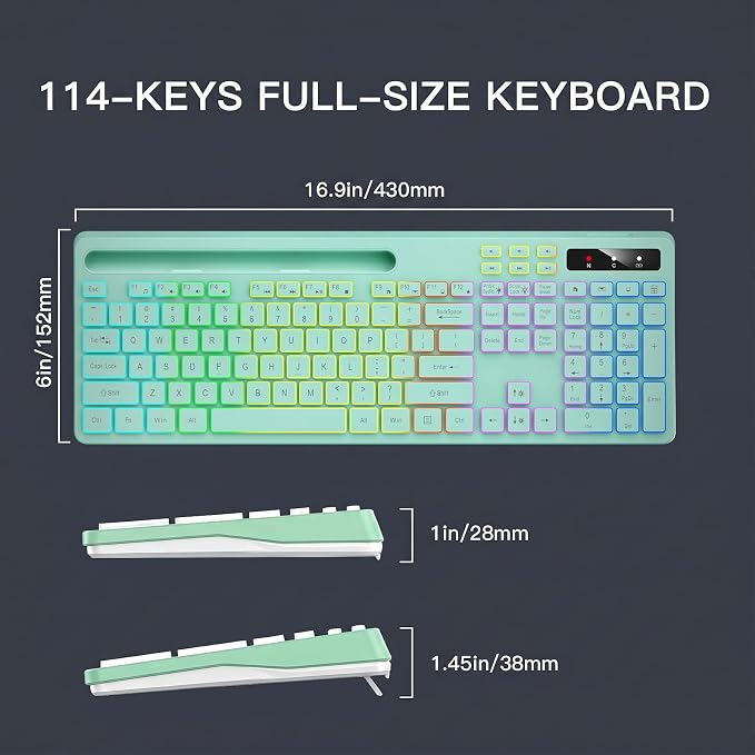 Wireless Keyboard with 7-Color RGB Backlit, Soueto Full-Size Computer Keyboard with Phone Tablet Holder, 2.4G Rechargeable Gaming Keyboard with Light Up Keys, Compatible with Mac, Windows (Mint Green) - Image 8