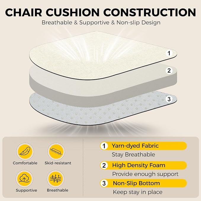 downluxe Indoor Chair Cushions for Dining Chairs, Soft and Comfortable Textured Foam Kitchen Chair Pads with Ties and Non-Slip Backing, 16" x 16" x 2", Beige, 2 Pack - Image 3