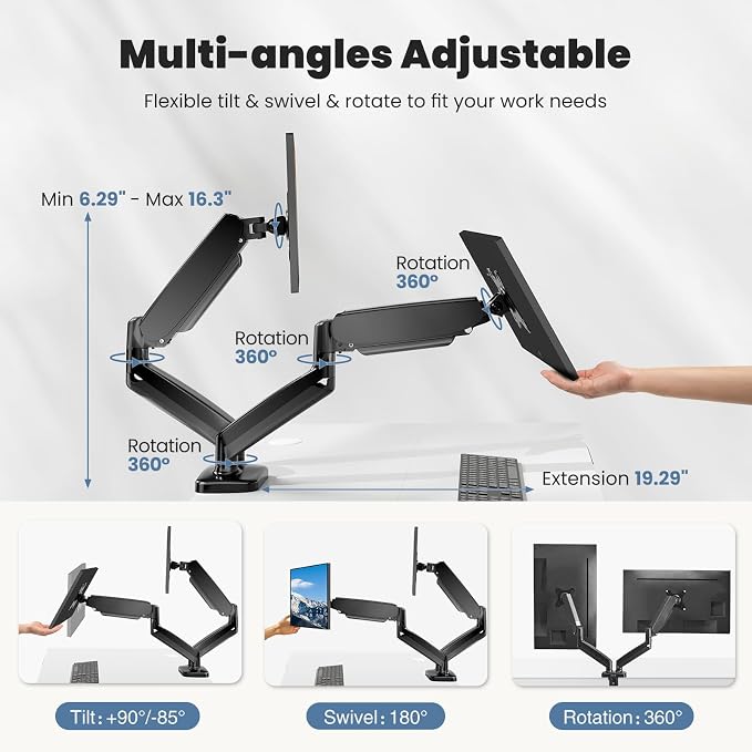 OLIXIS Dual Monitor Mount for Desk, Gas Spring Monitor Arm for 2 Monitors Max 32 Inches, Fully Adjustable Double VESA Mount with C-Clamp/Grommet Base, Holds Screen 17.6 lbs - Image 2
