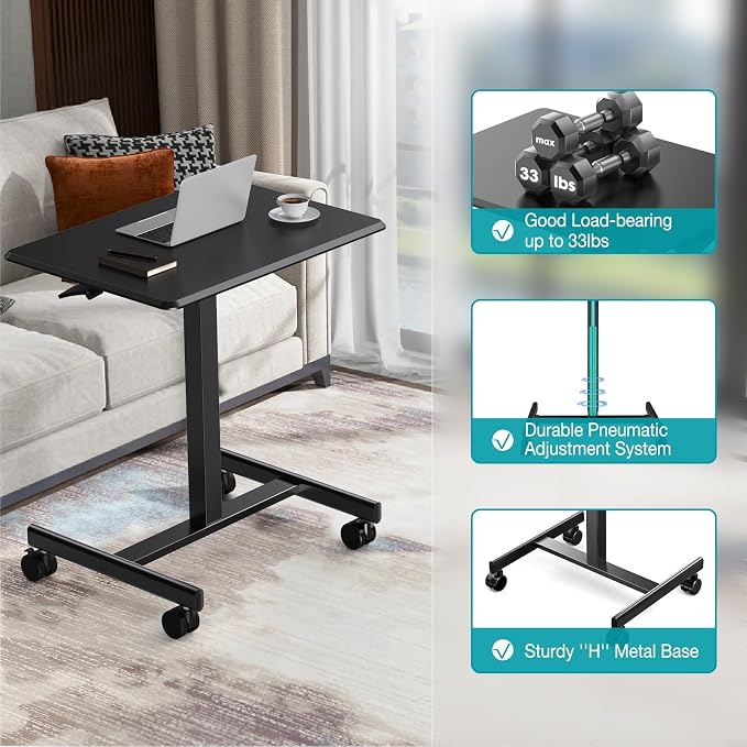 DUMOS Small Standing Desk with Wheels, Laptop Desk, 19 Inch | Portable Rolling Design, Adjustable Height Workstation, Home Office Mobile Station, Black - Image 6