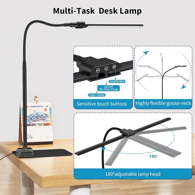 LED Desk Lamp Double Light: 1200LM Desk Light Base for Home Office, Black | Dual Screen Computer Monitor Light, Architect Table Lamp for Working Reading Drafting,Dimmable 4 Colors Memory 30-Min Timer - Image 7