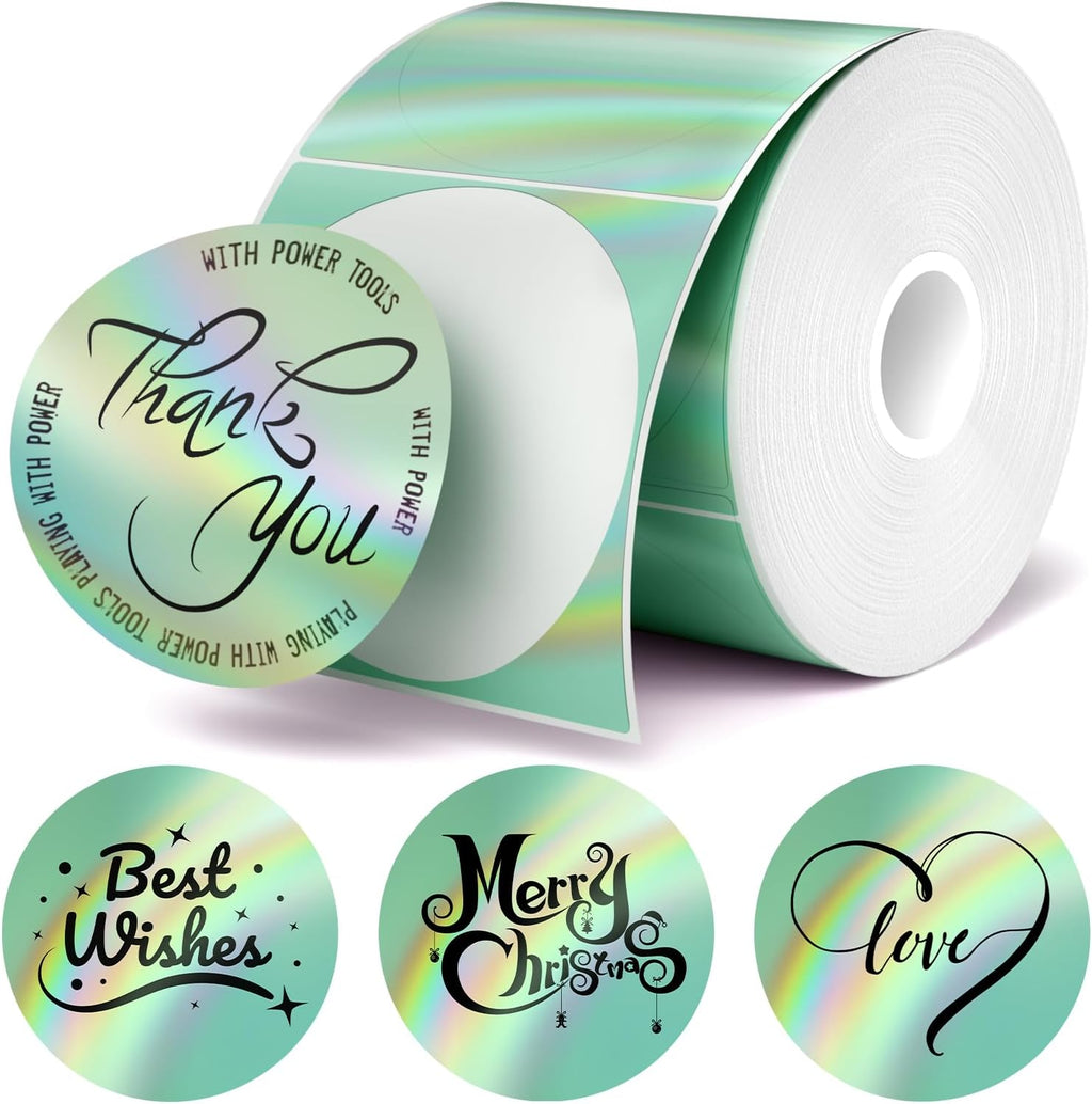 2 Inch Holographic Thermal Sticker Labels,Rainbow Glitter Finish, Water-Proof & Tear-Resistant Label, No Residue Removable Label for Price/Name Tag, Logo Design,Light Green, (200Labels/Roll) by FLYQGGO