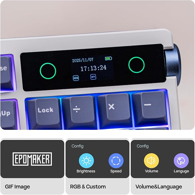 EPOMAKER TH108 PRO Full Size Mechanical Keyboard with Screen & Knob | Wireless Gaming Keyboard with 10000mAh, Creamy Gasket, Hot Swap, Custom Driver, RGB Backlight (White, Sea Salt Silent) - Image 3