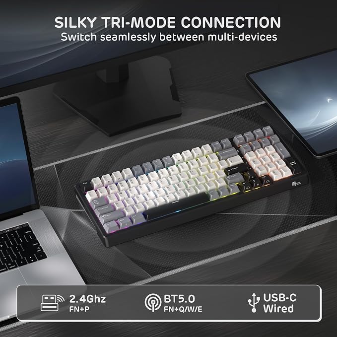 RK ROYAL KLUDGE F99 Wireless Mechanical Keyboard, Gasket Structure | 95% 100 Keys Hot Swappable RGB Gaming Keyboard, Tri-Mode BT/2.4GHz/USB-C, Pre-lubed Custom Switches, for PC/Xbox/PS4/PS5 - Image 3