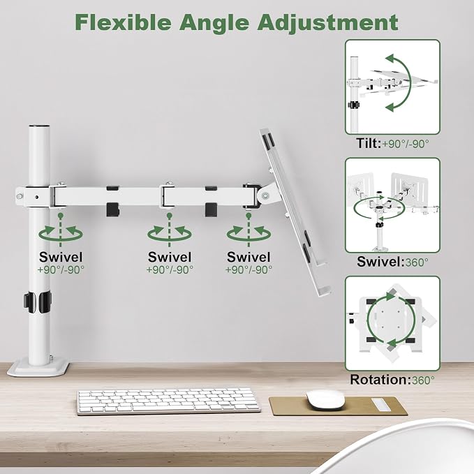 UPGRAVITY White Laptop Desk Mount with Vented Tray for Notebook up to 17 inch, Fully Adjustable Single Laptop Arm Stand Holds up to 17.6 lbs, Clamp on/Grommet Mounting | Fully Adjustable Single Laptop Arm Stand Holds up to 17.6 lbs, Clamp on/Grommet Mo... - Image 4