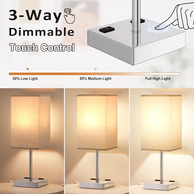 17.4" Grey Touch Table Lamp for Bedroom - Dimmable, USB C+A, 2 AC Outlets | 3-Way Dimming, 3000K Bulb Included, Square Grey Lampshade and Silver Base, Desk Lamp for Nightstand, Living Room, Dorm - Image 5
