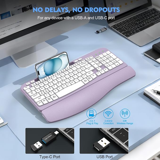 EAYBLLY 2.4G Wireless Ergonomic Keyboard, Full Size Wave Keys with Memory Foam Wrist Rest & 7.28in Phone Holder, USB-C Adapter Included for Windows Mac Chrome OS, Office or Home (Purple) - Image 9
