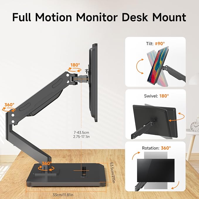 Pholiten Adjustable Monitor Arm with Base for 17-32" Screen | Pneumatic VESA Computer Mount with Base, Freestanding Full Motion, Holds up to 22 lbs - Image 2