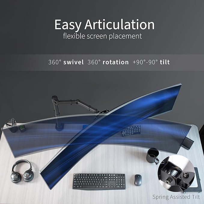 VIVO Single Large Monitor Arm Desk Mount, Holds Screens up to 45 inch Ultrawide, Fully Adjustable Stand with C-Clamp and Grommet Base, VESA 75x75mm or 100x100mm, Black, STAND-V149 - Image 5