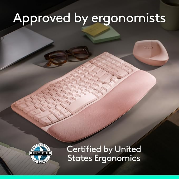 Logitech Wave Keys Wireless Ergonomic Keyboard - Rose | Cushioned palm rest, comfortable natural typing, Easy-Switch, Logi Bolt Receiver, Multi-OS, Windows/Mac - Image 5