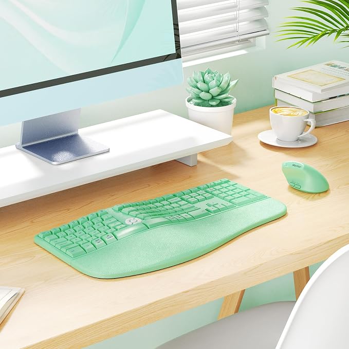 MEETION Ergonomic Keyboard Mouse Combo, Split Design Vertical Mouse Green | Rechargeable full-size keyboard with cushioned wrist rest, 2.4GHz USB receiver, natural typing, for Windows, Mac, PC, laptop - Image 8