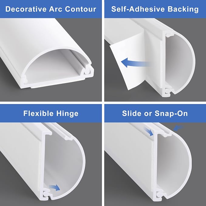 ZhiYo 34in Cord Hider for 2-4 Wall-Mounted TV Wires, 1.4" W x 0.7" H, Beige | Split-Hinge Design for Easy Installation, Half-Round Glazed Finish Ideal for Wall/Baseboard, Self-Adhesive, 2 Pack (17" Each) - Image 5
